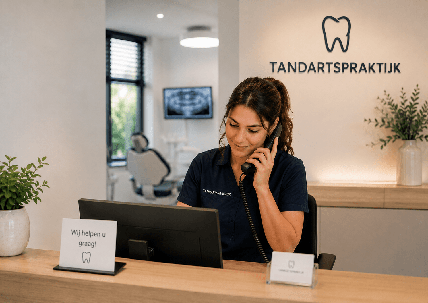 SuperbCall: receptionist neemt de telefoon op bij de balie van een tandartspraktijk